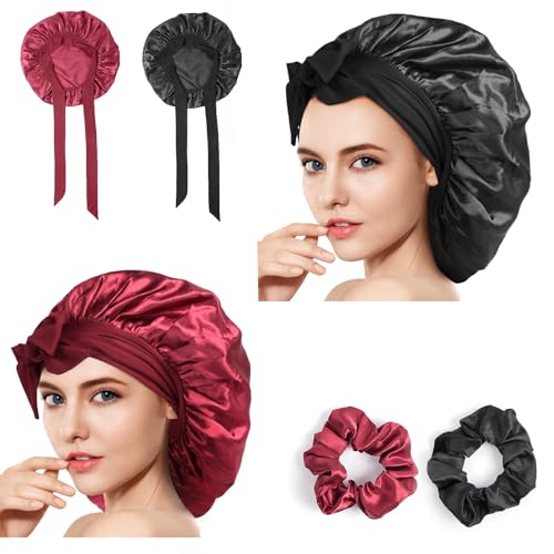 Romon Schlafmütze Satin Bonnet, 2 Stück Schlafhaube Seide zum Nacht mit 2 Gummizug, Haarhaube Schlaf Silk Bonnet Sleep Cap Verstellbare Schlafkappe Kopfbedeckung Weiche Kopfhaube für Damen und Mädchen von Romon