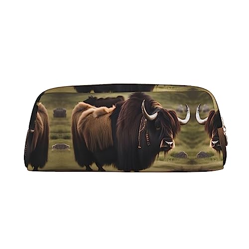 Romuka Mighty Highland Yak Exquisite Leder Federmäppchen - Modische Kleine Tasche Multifunktionale Schreibwaren Tasche Metall Reißverschluss Dreidimensionale Federmäppchen, gold, Einheitsgröße, von Romuka