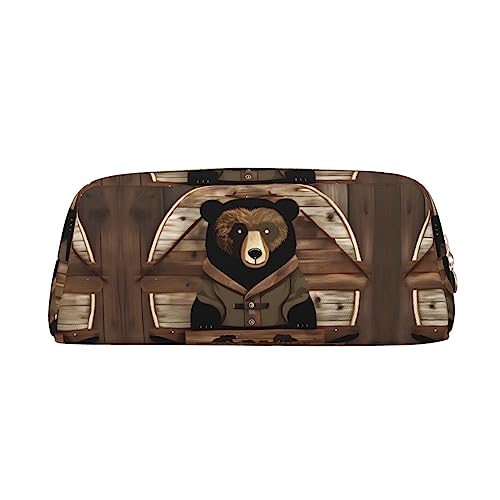 Rustikale Lodge Bear Exquisite Leder Federmäppchen - Modische Kleine Tasche Multifunktionale Schreibwaren Tasche Metall Reißverschluss Dreidimensionales Federmäppchen, gold, Einheitsgröße, von Romuka