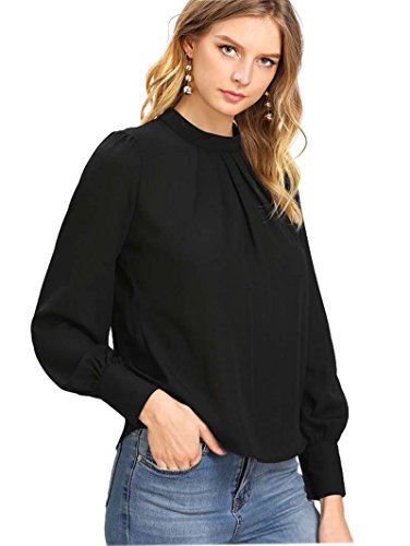 ROMWE Damen Elegant Chiffonbluse Stehkragen Langarm Tunika Bluse Schwarz S von ROMWE