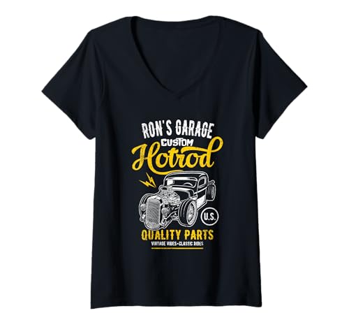Damen Ron's Hotrod Garage Oldtimer im Ron-Design T-Shirt mit V-Ausschnitt Damen Ron's Hotrod Garage Oldtimer im Ron-Design T-Shirt mit V-Ausschnitt von Ron's Garage Designs for the Name Ron