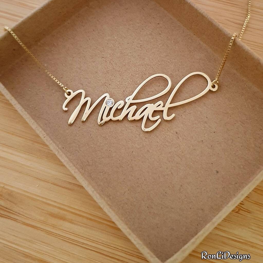 Echte 14K Gold Kette Mit Name Script Style Namensschild von RonLiDesigns