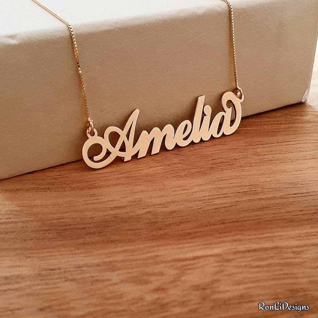 Echtgold Namenskette Personalisierter Anhänger Massiv 14Ct Gold Custom Made Script Namensschild Halskette 14K 14 Karat Echtes von RonLiDesigns