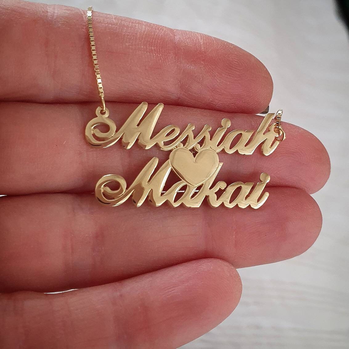 Namenskette Herz Massiv 14K Gold Zwei Namen Halskette Echt Namensschild Und Kette von RonLiDesigns