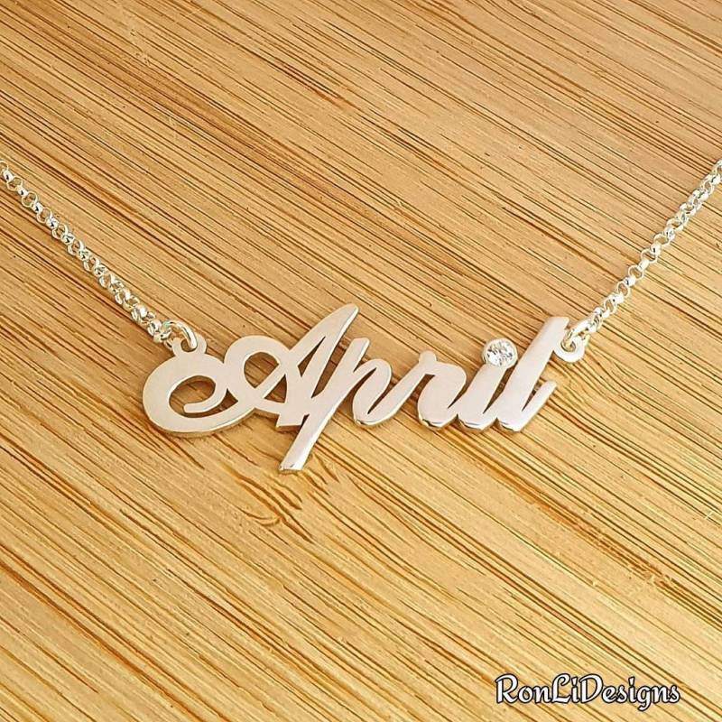 Sterling Silber Name Halskette Charme Kette Tag Anhänger April Style Script Diamant von RonLiDesigns