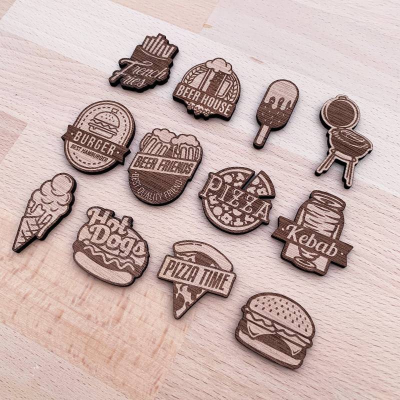 Holzabzeichen Thema Essen/Pin's Restaurant & Pub Bier, Burger, Eis, Pizza, Gebraten, Kebab, Hot Dogs von RonWoodiy