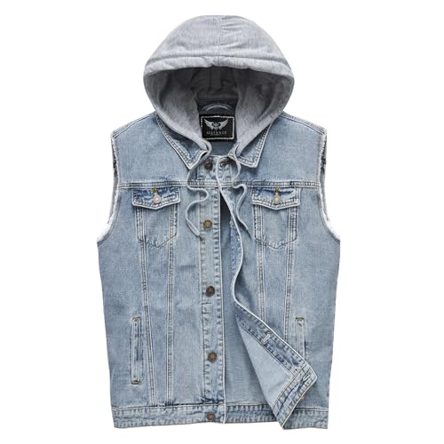 RongYue Herren Denim Weste Casual Button Stretchy Distressed Jeans ärmellose Jacke mit Kapuze, Blau, XXX-Large von RongYue