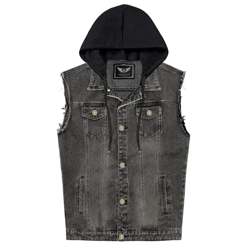 RongYue Herren Denim Weste Casual Button Stretchy Distressed Jeans ärmellose Jacke mit Kapuze, GRAU, XXX-Large von RongYue