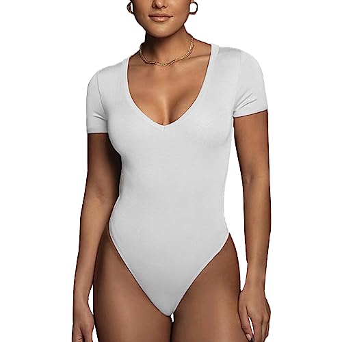 Rongseng Body Damen Elegant Sexy V-Ausschnitt Kurzarm Bodysuit Tops Stretch Stringbody Blusenbody Damenbody Basic Oberteil Top Slim Fit T-Shirts für Frauen von Rongseng