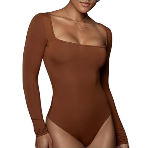 Rongseng Body Damen Langarm Elegant Bodysuit Tops Sexy Quadratischer Ausschnitt Langarm Bodys Schmal Damenbody Unterziehbody Stretch Langarmbody Long Sleeve Oberteil Langarmshirt für Frauen von Rongseng