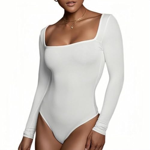 Rongseng Body Damen Langarm Elegant Bodysuit Tops Sexy Quadratischer Ausschnitt Langarm Bodys Schmal Damenbody Unterziehbody Stretch Langarmbody Long Sleeve Oberteil Langarmshirt für Frauen von Rongseng