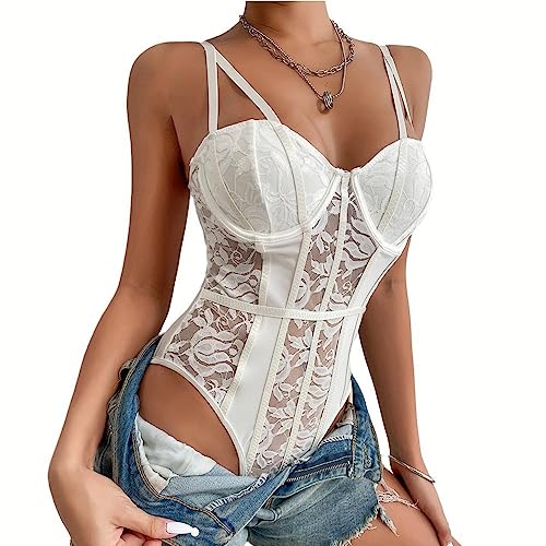 Rongseng Body Damen Sexy Floral Spitze Mesh Bodysuit Transparenter Spaghettiträger Ärmellos Bodys Slim Jumpsuit Elegant Netz Unterziehbody Blusebody Mode Rückenfrei Oberteil Schmal Cami Top Clubwear von Rongseng