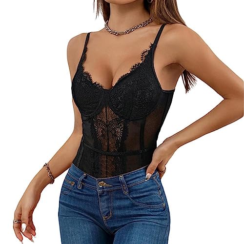 Rongseng Body Damen Sexy Spitze Transparenter Sheer Mesh Bodysuit Top V Ausschnitt Spaghettiträger Bodys Slim Stretchy Jumpsuit Netz Unterziehbody Mode Rückenfrei Oberteil von Rongseng