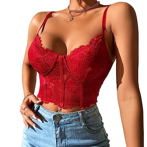 Rongseng Crop Tops Damen Sexy Spitze Bauchfrei Camilose Top Spaghettiträger Cropped Oberteil V-Ausschnitt Spitzentop Bralettes Untertops Sommer Cami Tank Top von Rongseng