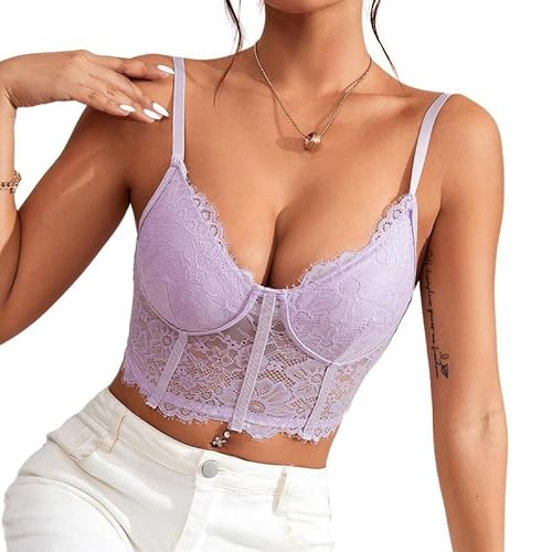 Rongseng Crop Tops Damen Sexy Spitze Bauchfrei Camilose Top Spaghettiträger Cropped Oberteil V-Ausschnitt Spitzentop Bralettes Untertops Sommer Cami Tank Top von Rongseng