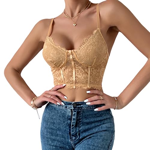 Rongseng Crop Tops Damen Sexy Spitze Bauchfrei Camilose Top Spaghettiträger Cropped Oberteil V-Ausschnitt Spitzentop Bralettes Untertops Sommer Cami Tank Top von Rongseng