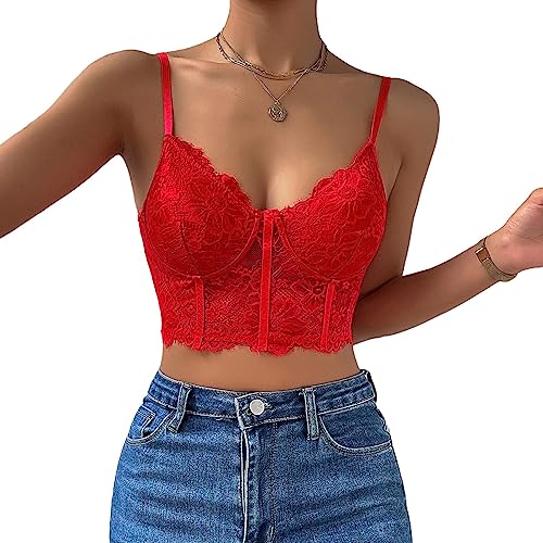 Rongseng Crop Tops Damen Sexy Spitze Bauchfrei Camilose Top Spaghettiträger Cropped Oberteil V-Ausschnitt Spitzentop Bralettes Untertops Sommer Cami Tank Top von Rongseng