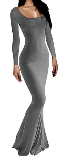 Rongseng Damen Langarm Maxikleid Figurbetontes Sexy Bodycon Kleid Eng Lang Stretch Weiche Freizeitkleid Fischschwanzkleider Elegant Einfarbig Abendkleid Partykleid Winterkleid Cocktail Kleider von Rongseng