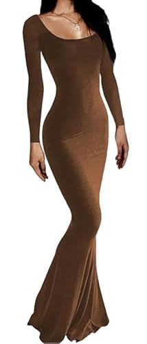 Rongseng Damen Langarm Maxikleid Figurbetontes Sexy Bodycon Kleid Eng Lang Stretch Weiche Freizeitkleid Fischschwanzkleider Elegant Einfarbig Abendkleid Partykleid Winterkleid Cocktail Kleider von Rongseng