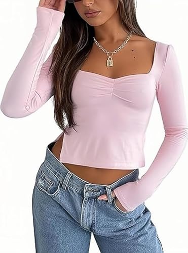 Rongseng Damen Langarmshirt Sexy Crop Tops Bauchfrei Oberteile Sweetheart Neck Langarm T-Shirt Slim Fit Schlitz Plissee Pullover Y2K Tops Einfarbig Cropped Top Elegant Modisches Streetwear von Rongseng