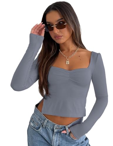 Rongseng Damen Langarmshirt Sexy Crop Tops Bauchfrei Oberteile Sweetheart Neck Langarm T-Shirt Slim Fit Schlitz Plissee Pullover Y2K Tops Einfarbig Cropped Top Elegant Modisches Streetwear von Rongseng