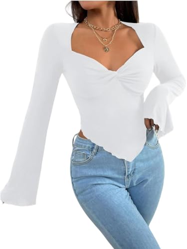 Rongseng Damen Langarmshirt Sweetheart Ausschnitt Oberteil Elegant Langarm Crop Top Sexy Fitted Tees Shirt Twist Front Asymmetrisches Langarm Pullover Trendy Casual Longshirt Bluse Rüschen Streetwear von Rongseng