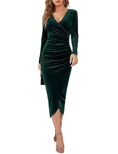 Rongseng Damen Samtkleid Langarm Winterkleid V Ausschnitt Wickelkleid Bodycon Partykleid Silvester Kleid Elegant Festliche Hochzeit Business Abendkleid Cocktailkleid Weihnachtskleid Für Herbst Winter von Rongseng