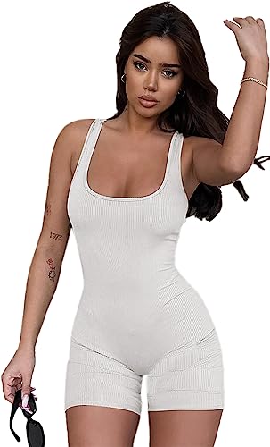 Rongseng Jumpsuit Damen Kurz Eng Bodycon Ärmellose Jumpsuits Sexy Yoga Romper Sommer Tank Top Einteiler Overall One Piece Bodysuit Stretch Fitness Workout Sport Romper Outfits von Rongseng