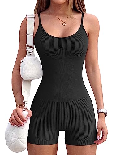 Rongseng Jumpsuit Damen Kurz Eng Sexy Ärmellose Yoga Romper Spaghetti Strap Bodycon Jumpsuits Sommer Tank Top Einteiler Overall One Piece Bodysuit Stretch Fitness Workout Sport Romper Outfits von Rongseng