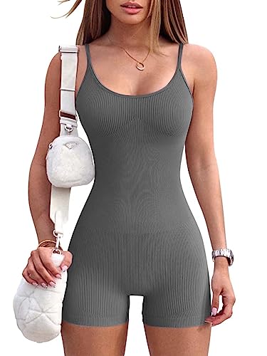 Rongseng Jumpsuit Damen Kurz Eng Sexy Ärmellose Yoga Romper Spaghetti Strap Bodycon Jumpsuits Sommer Tank Top Einteiler Overall One Piece Bodysuit Stretch Fitness Workout Sport Romper Outfits von Rongseng