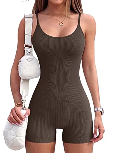 Rongseng Jumpsuit Damen Kurz Eng Sexy Ärmellose Yoga Romper Spaghetti Strap Bodycon Jumpsuits Sommer Tank Top Einteiler Overall One Piece Bodysuit Stretch Fitness Workout Sport Romper Outfits von Rongseng