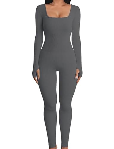 Rongseng Jumpsuit Damen Langarm Quadratischer Hals Sport Jumpsuit Lang Eng Stretch Einteiler Bodycon Yoga Bodysuit Overall Gerippt Gestrickt Workout Playsuits Sportanzug Trainingsanzug Club Outfit von Rongseng