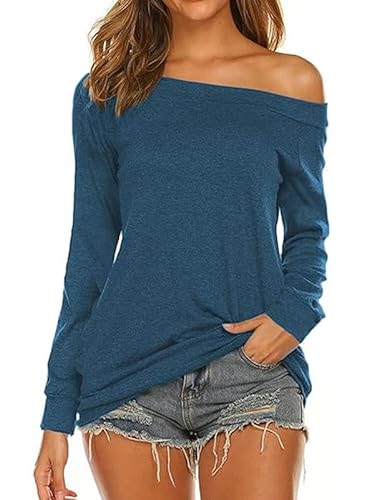 Rongseng Langarmshirt Damen Schulterfrei Oberteil Elegant Langarm Top Sexy Off Shoulder Pullover Casual Longshirt Bluse Tunika Trendy Tshirt Sweatshirt von Rongseng