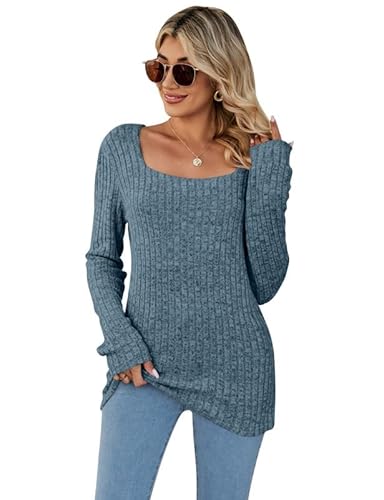 Rongseng Pullover Damen Quadratischer Ausschnitt Langarmshirt Sweatshirt Damen Tunika Tops Weich Oberteile Langarm Strickpullover Leichte Sweater Elegant Basic Shirt Casual Longpullover Herbst Winter von Rongseng