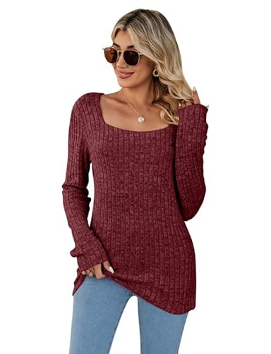 Rongseng Pullover Damen Quadratischer Ausschnitt Langarmshirt Sweatshirt Damen Tunika Tops Weich Oberteile Langarm Strickpullover Leichte Sweater Elegant Basic Shirt Casual Longpullover Herbst Winter von Rongseng