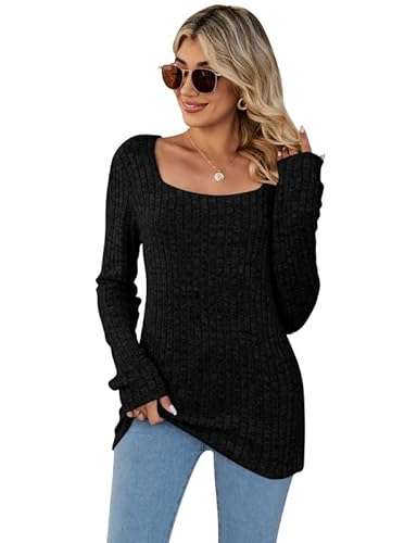 Rongseng Pullover Damen Quadratischer Ausschnitt Langarmshirt Sweatshirt Damen Tunika Tops Weich Oberteile Langarm Strickpullover Leichte Sweater Elegant Basic Shirt Casual Longpullover Herbst Winter von Rongseng