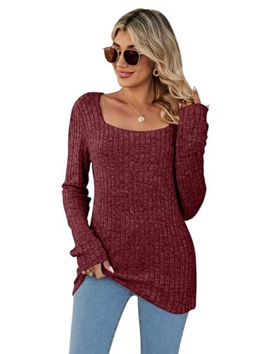 Rongseng Pullover Damen Quadratischer Ausschnitt Langarmshirt Sweatshirt Damen Tunika Tops Weich Oberteile Langarm Strickpullover Leichte Sweater Elegant Basic Shirt Casual Longpullover Herbst Winter von Rongseng