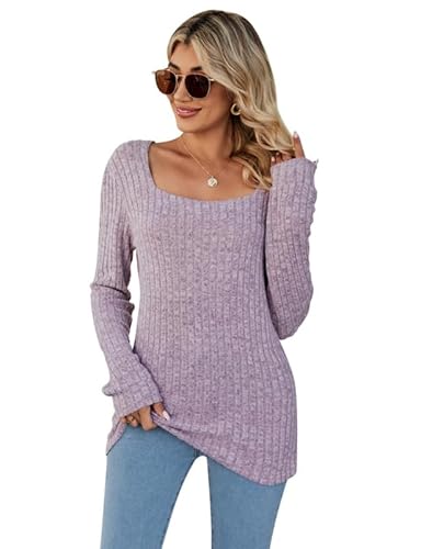 Rongseng Pullover Damen Quadratischer Ausschnitt Langarmshirt Sweatshirt Damen Tunika Tops Weich Oberteile Langarm Strickpullover Leichte Sweater Elegant Basic Shirt Casual Longpullover Herbst Winter von Rongseng