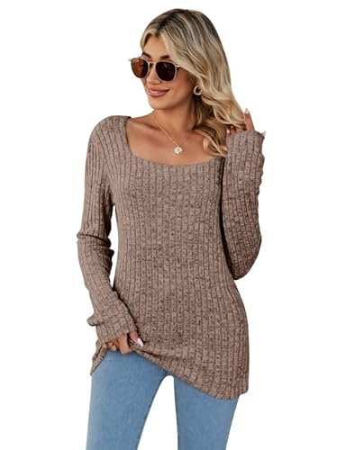 Rongseng Pullover Damen Quadratischer Ausschnitt Langarmshirt Sweatshirt Damen Tunika Tops Weich Oberteile Langarm Strickpullover Leichte Sweater Elegant Basic Shirt Casual Longpullover Herbst Winter von Rongseng