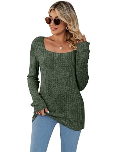 Rongseng Pullover Damen Quadratischer Ausschnitt Langarmshirt Sweatshirt Damen Tunika Tops Weich Oberteile Langarm Strickpullover Leichte Sweater Elegant Basic Shirt Casual Longpullover Herbst Winter von Rongseng