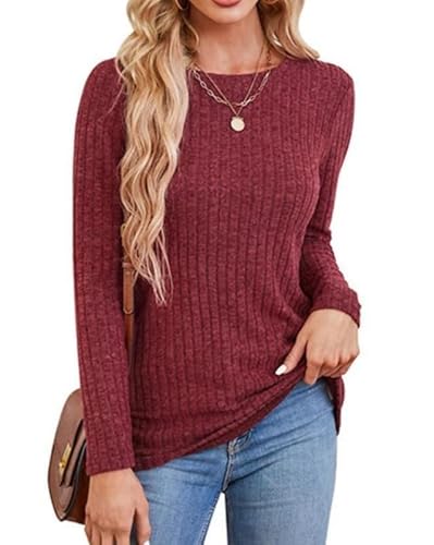 Rongseng Pullover Damen Rundhalsausschnitt Langarmshirt Sweatshirt Damen Tunika Oberteile Langarm Strickpullover Leichte Sweater Elegant Weich Longshirt Tops Casual Longpullover Herbst und Winter von Rongseng