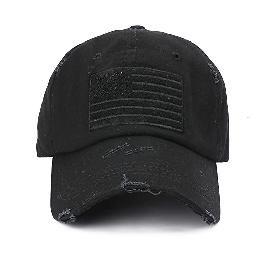 Männer und Frauen Distressed Vintage Baseball Cap Unconstructed Army Embroidered USA Flag Patch Trucker Dad Hat, Schwarz, Einheitsgröße von Roniky