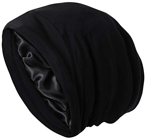 Satin Haube Schlafmütze Haarabdeckung Haube Satin Gefüttert Slouchy Beanie Seide Gefüttert Nacht Schlafmütze für Cuirly Hair, schwarz, Einheitsgröße von Roniky