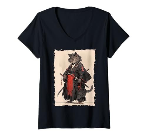 Damen Samurai-Katze - Japanischer Krieger Katana T-Shirt mit V-Ausschnitt Damen Samurai-Katze - Japanischer Krieger Katana T-Shirt mit V-Ausschnitt von Ronin Anime Ninja - Animal Geschenk