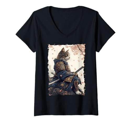 Damen Samurai-Katze - Japanischer Krieger Katana T-Shirt mit V-Ausschnitt Damen Samurai-Katze - Japanischer Krieger Katana T-Shirt mit V-Ausschnitt von Ronin Anime Ninja - Animal Geschenk