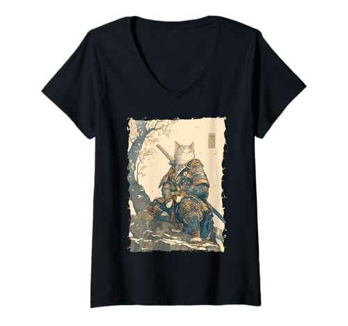 Damen Samurai-Katze - Japanischer Krieger Katana T-Shirt mit V-Ausschnitt Damen Samurai-Katze - Japanischer Krieger Katana T-Shirt mit V-Ausschnitt von Ronin Anime Ninja - Animal Geschenk