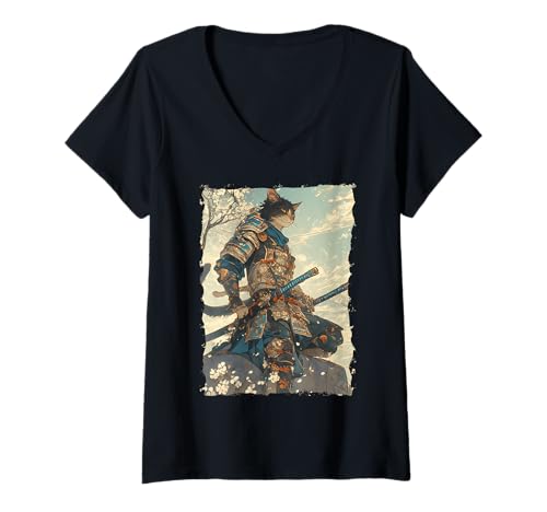 Damen Samurai-Katze - Japanischer Krieger Katana T-Shirt mit V-Ausschnitt Damen Samurai-Katze - Japanischer Krieger Katana T-Shirt mit V-Ausschnitt von Ronin Anime Ninja - Animal Geschenk
