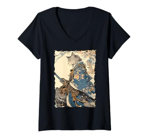 Damen Samurai-Katze - Japanischer Krieger Katana T-Shirt mit V-Ausschnitt Damen Samurai-Katze - Japanischer Krieger Katana T-Shirt mit V-Ausschnitt von Ronin Anime Ninja - Animal Geschenk