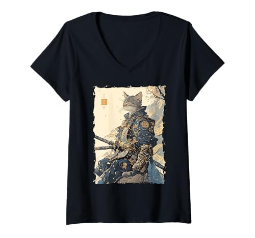 Damen Samurai-Katze - Japanischer Krieger Katana T-Shirt mit V-Ausschnitt Damen Samurai-Katze - Japanischer Krieger Katana T-Shirt mit V-Ausschnitt von Ronin Anime Ninja - Animal Geschenk