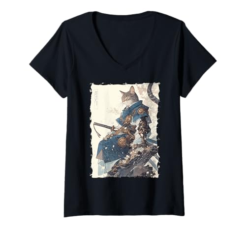 Damen Samurai-Katze - Japanischer Krieger Katana T-Shirt mit V-Ausschnitt Damen Samurai-Katze - Japanischer Krieger Katana T-Shirt mit V-Ausschnitt von Ronin Anime Ninja - Animal Geschenk